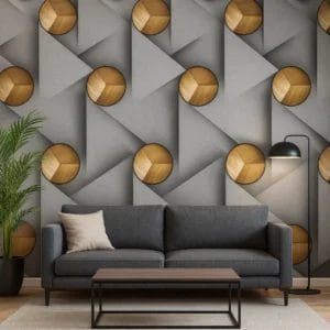 A geometric pattern featuring interlocking gray triangles and wooden spheres. The spheres are centrally placed within the triangular shapes, creating a visually intriguing, repetitive 3D Wallpaper design.