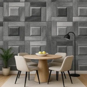 Geometric pattern featuring interlocking square and rectangular tiles in shades of gray, creating a three-dimensional effect. Wooden Matte 3D WallPaper - 530mm*10m