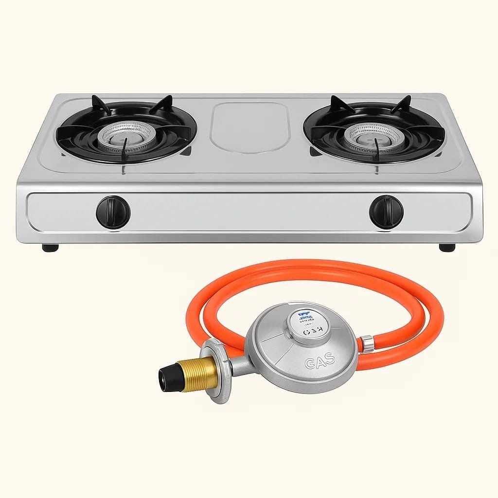 2 Plate Gas Stove with Regulator, Pipe, and Clamps Included