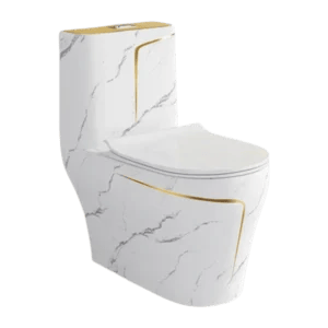 A White Toilet Pan With A Sophisticated Touch Of Gold And Grey